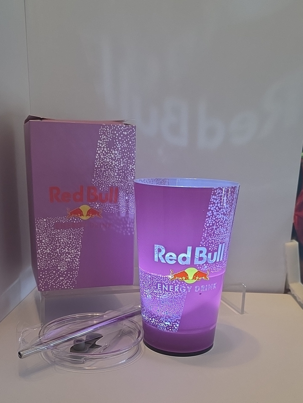 Red Bull Energy Drink Light Up Plastic 14oz. Cup w/ Lid Straw & Box -Purple